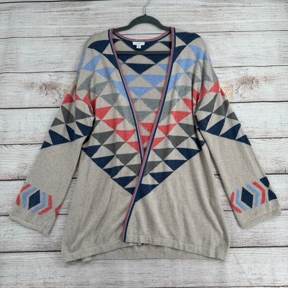 J. Jill Southwest Print Open Front Cardigan Sweater Womens Medium Beige Blue - Picture 1 of 13
